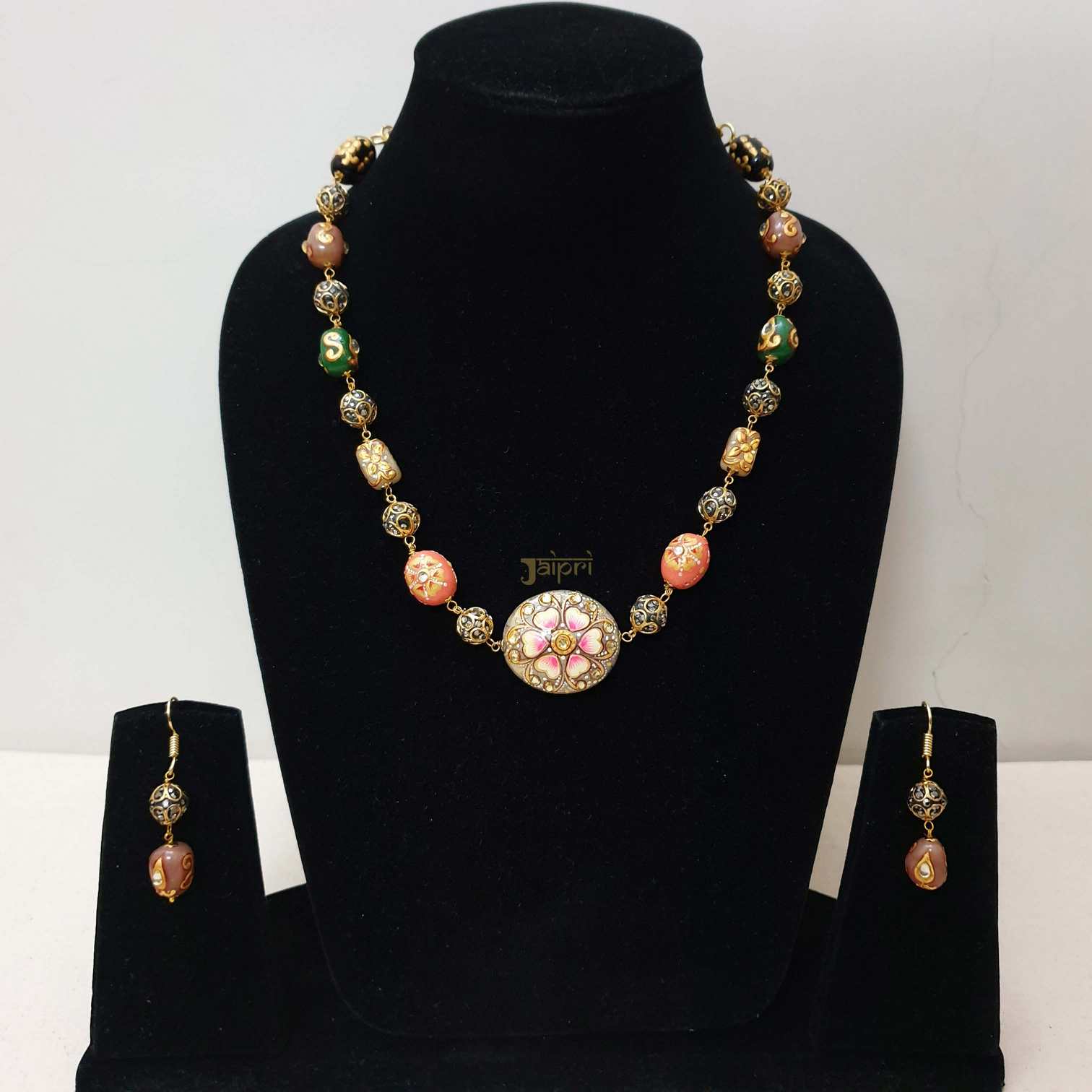 Floral Multicolor Beads Stone Necklace With Earrings