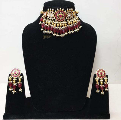 Ruby & Pearl Beads Stone Floral Kundan Choker Necklace With Earrings