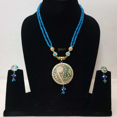 Turquoise Beads Stone Tanjore Pendant With Earrings