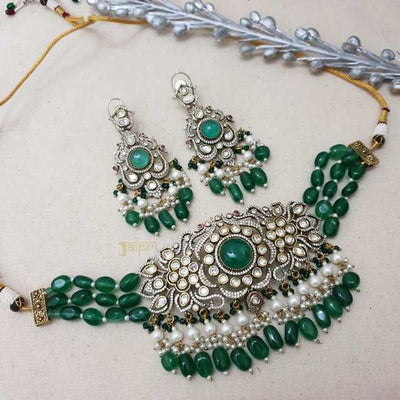Beautiful Green & Pearl Stone Floral Necklace With Earrings