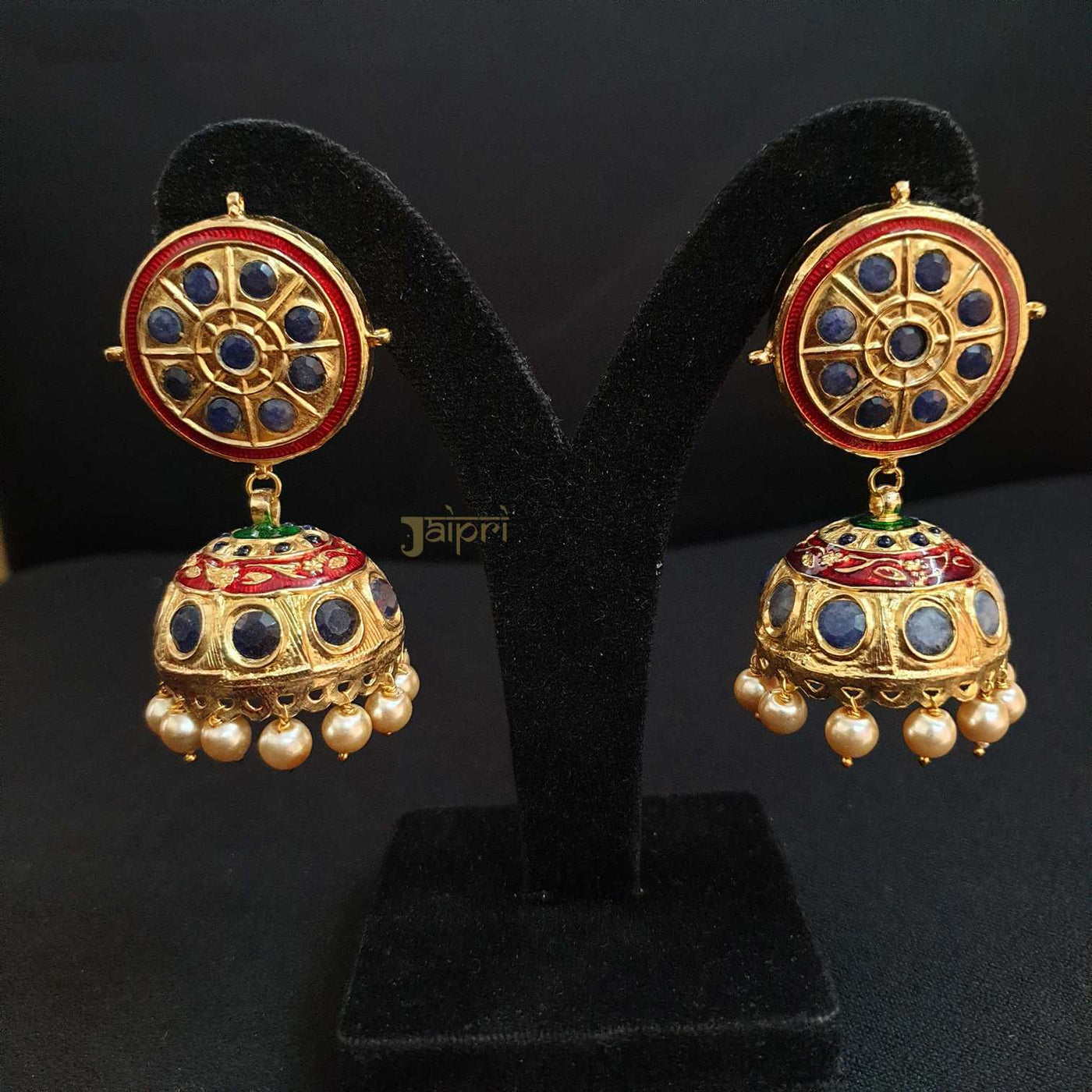 Blue & Pearl Stone Gold Jhumki Statement Earrings