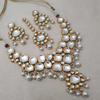 Adorable Kundan & Pearl Beads Stone Necklace With Maang-Tikka & Earrings