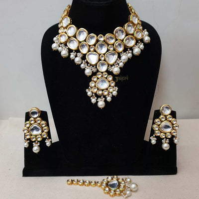 Adorable Kundan & Pearl Beads Stone Necklace With Maang-Tikka & Earrings