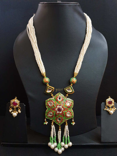 Pearl Stone Beads & Green Meenakari Gold Pendant With Earrings