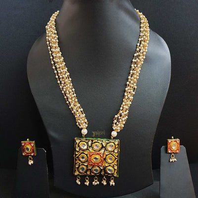 Pearl Beads Stone Meenakari Gold Pendant With Earrings