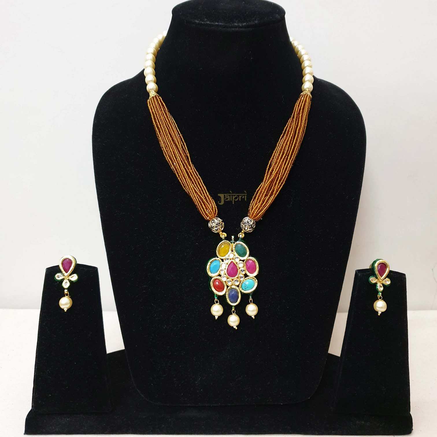 Floral Multicolor Beads Stone Kundan Pendant With Earrings