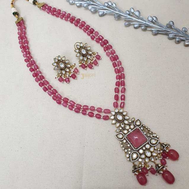 Rose Quartz Stone Floral Long Necklace With Earrings