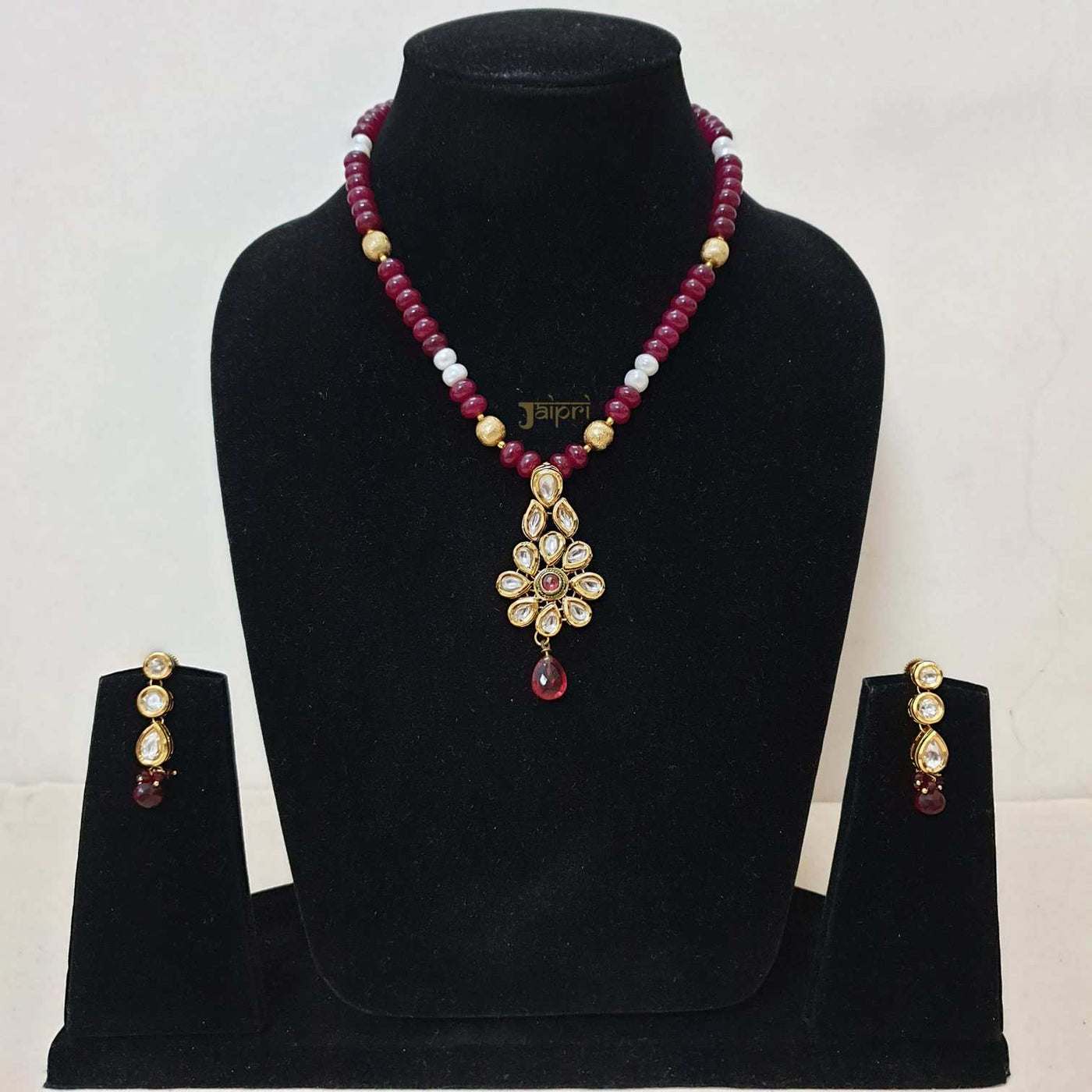 Floral Beautiful Ruby Stone Kundan Gold Pendant With Earrings