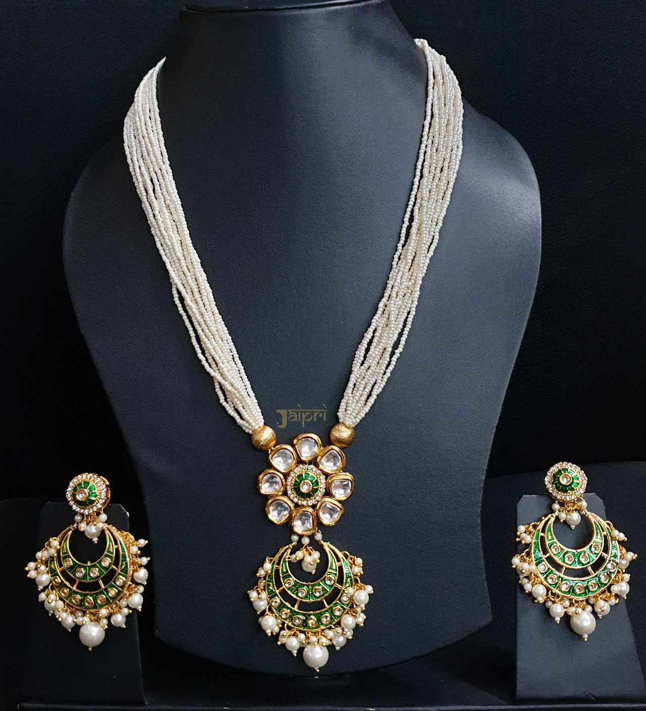 Green Floral Meenakari Pendant With Chand-Bali Earrings