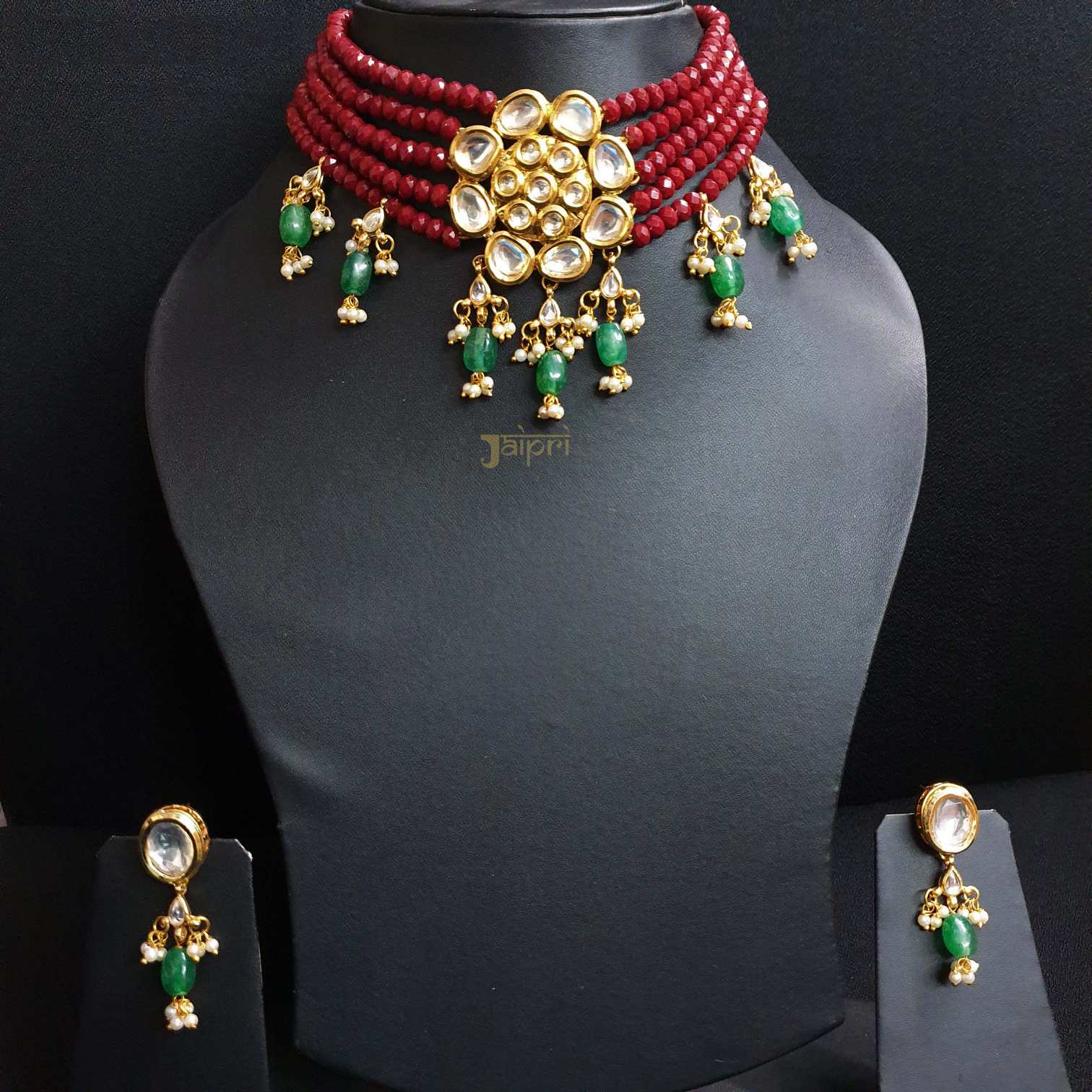 Floral Ruby Beads Stone Kundan-Jadau Designer Choker With Earrings
