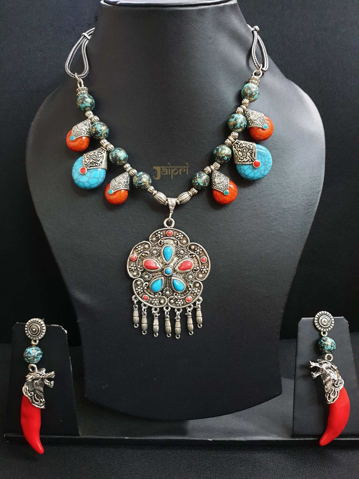 Antique Multicolor Stone, Oxidized Floral Necklace With Earrings