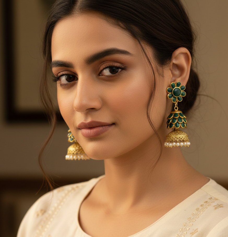 Green Floral Golden Jhumka Earrings