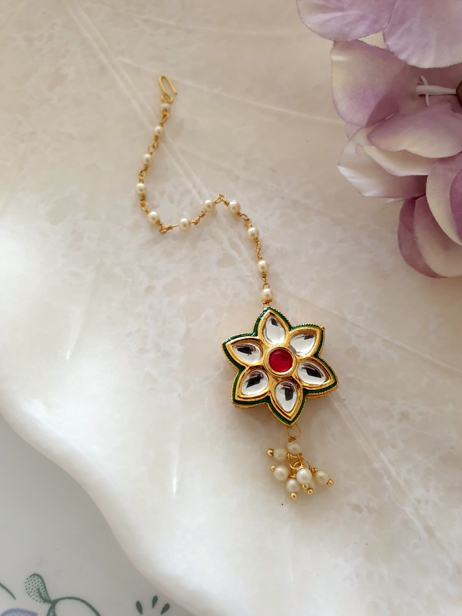 Floral Kundan Meenakari Pearl Beaded Maang Tikka