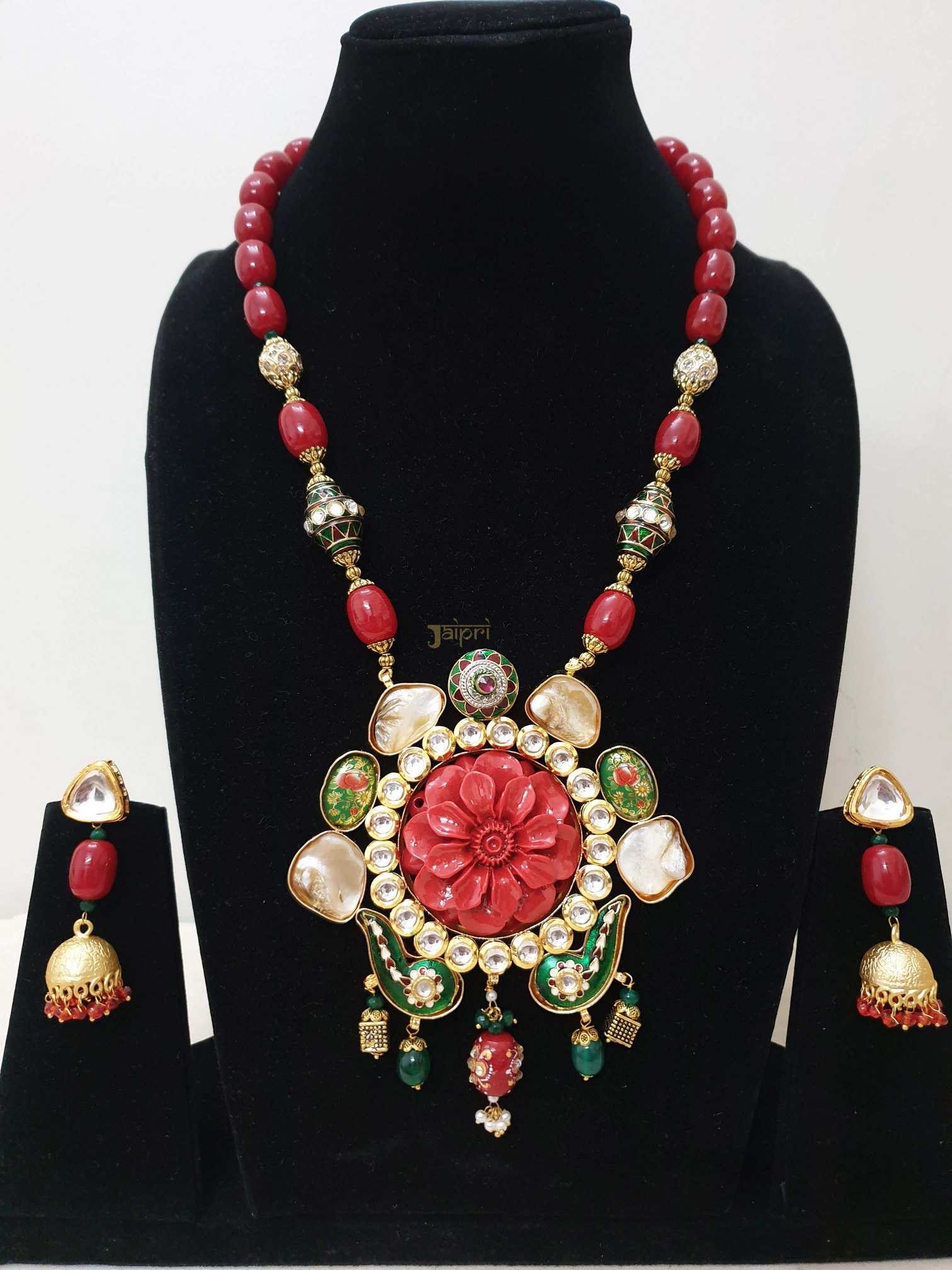 Floral Ruby Stone Fusion Meenakari Pendant With Earrings