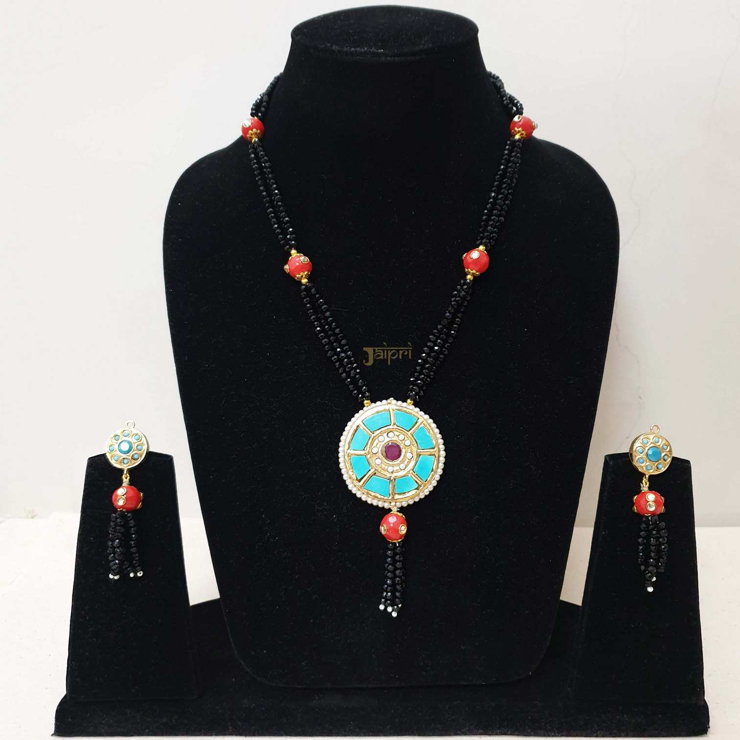 Turquoise & Black Stone Floral Fusion Pendant With Earrings