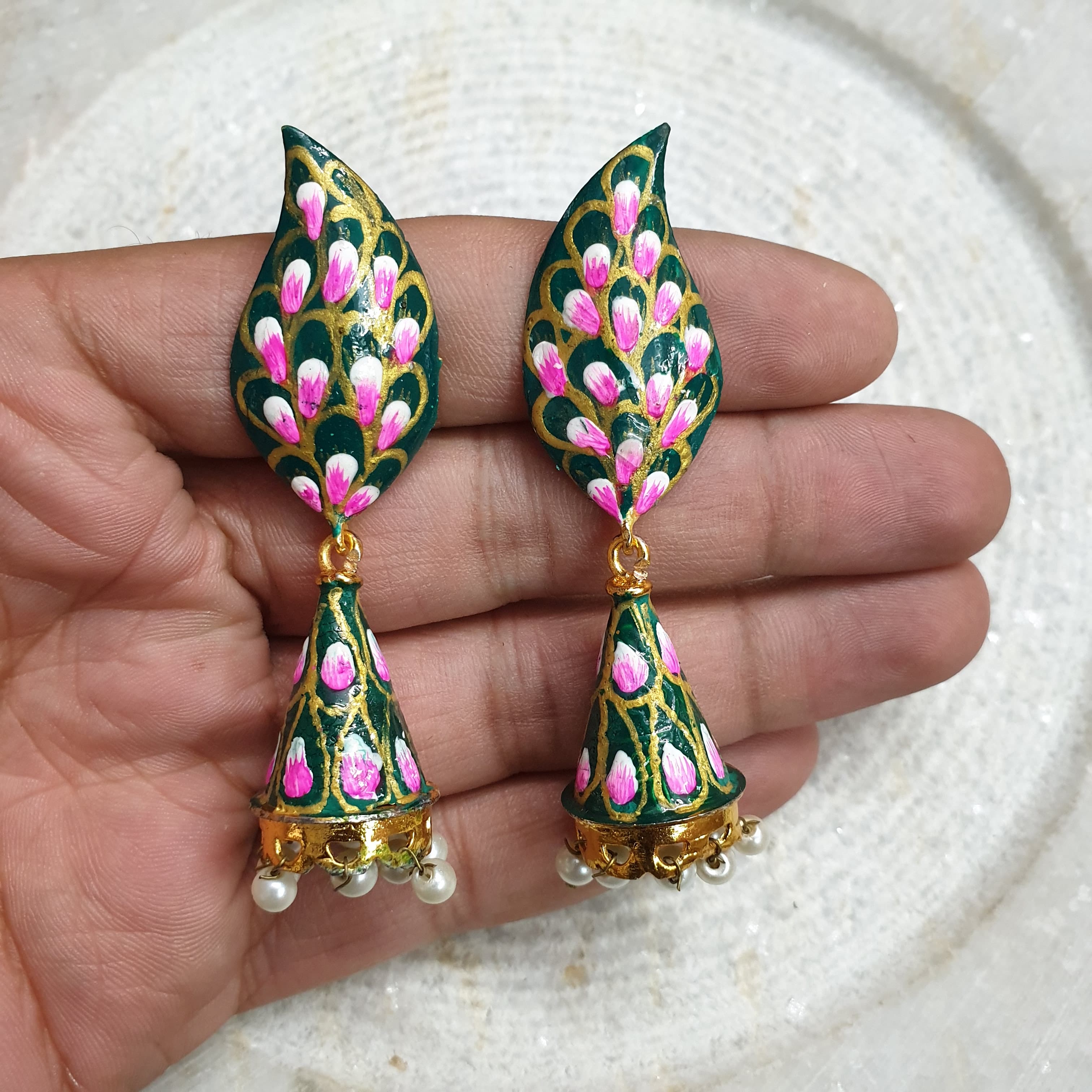 Green Designer Handpainted Jhumki Earrings