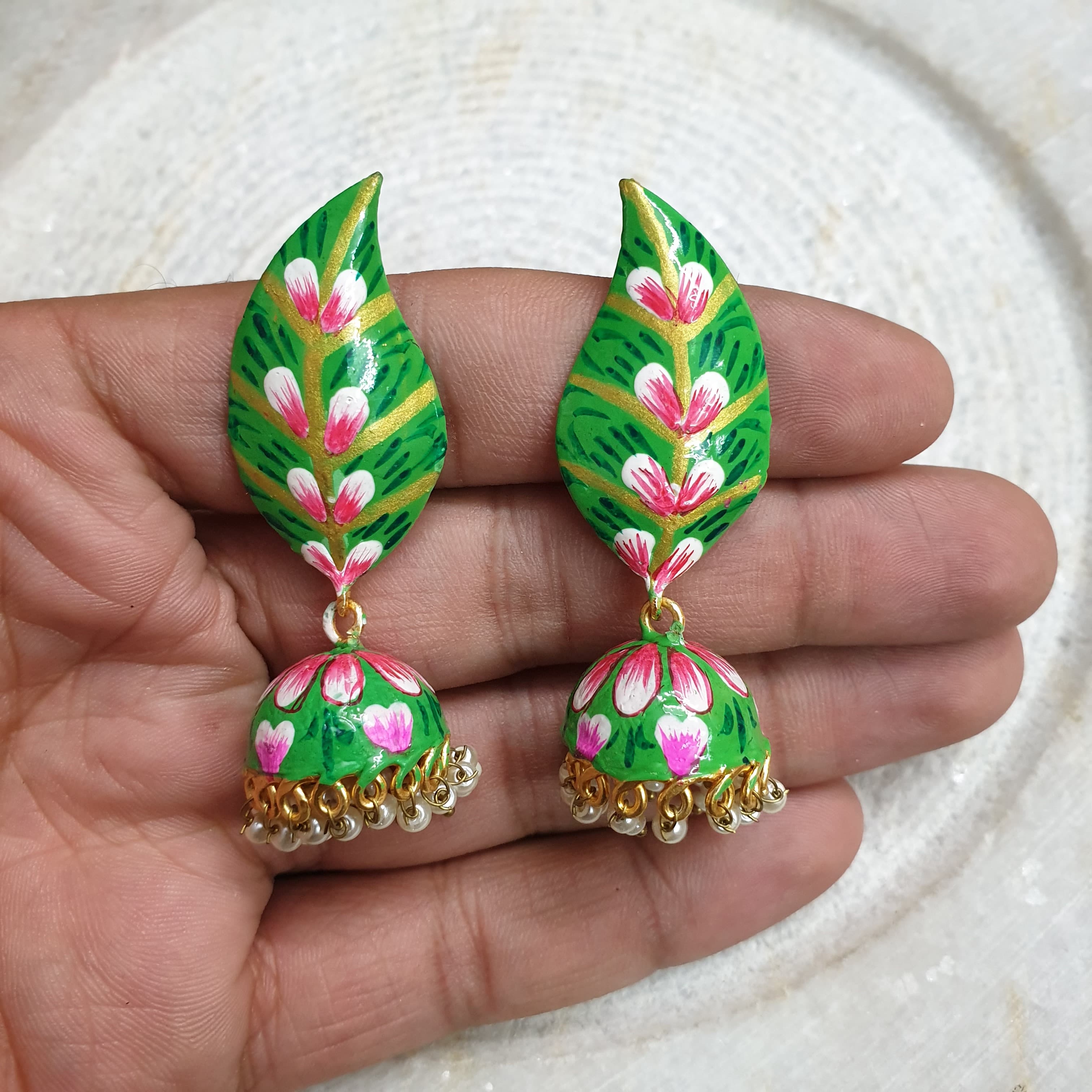 Parrot Green Handpainted Jhumki Earrings