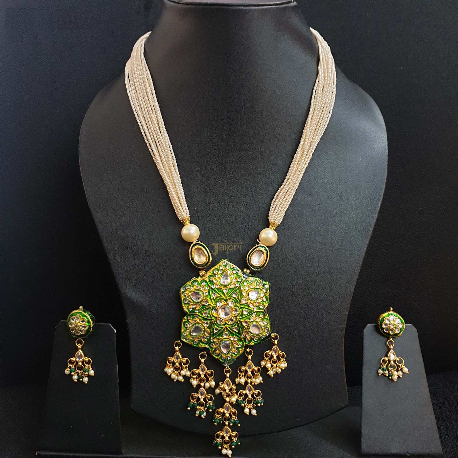 Pearl Stone & Green Meenakari Gold Pendant With Earrings