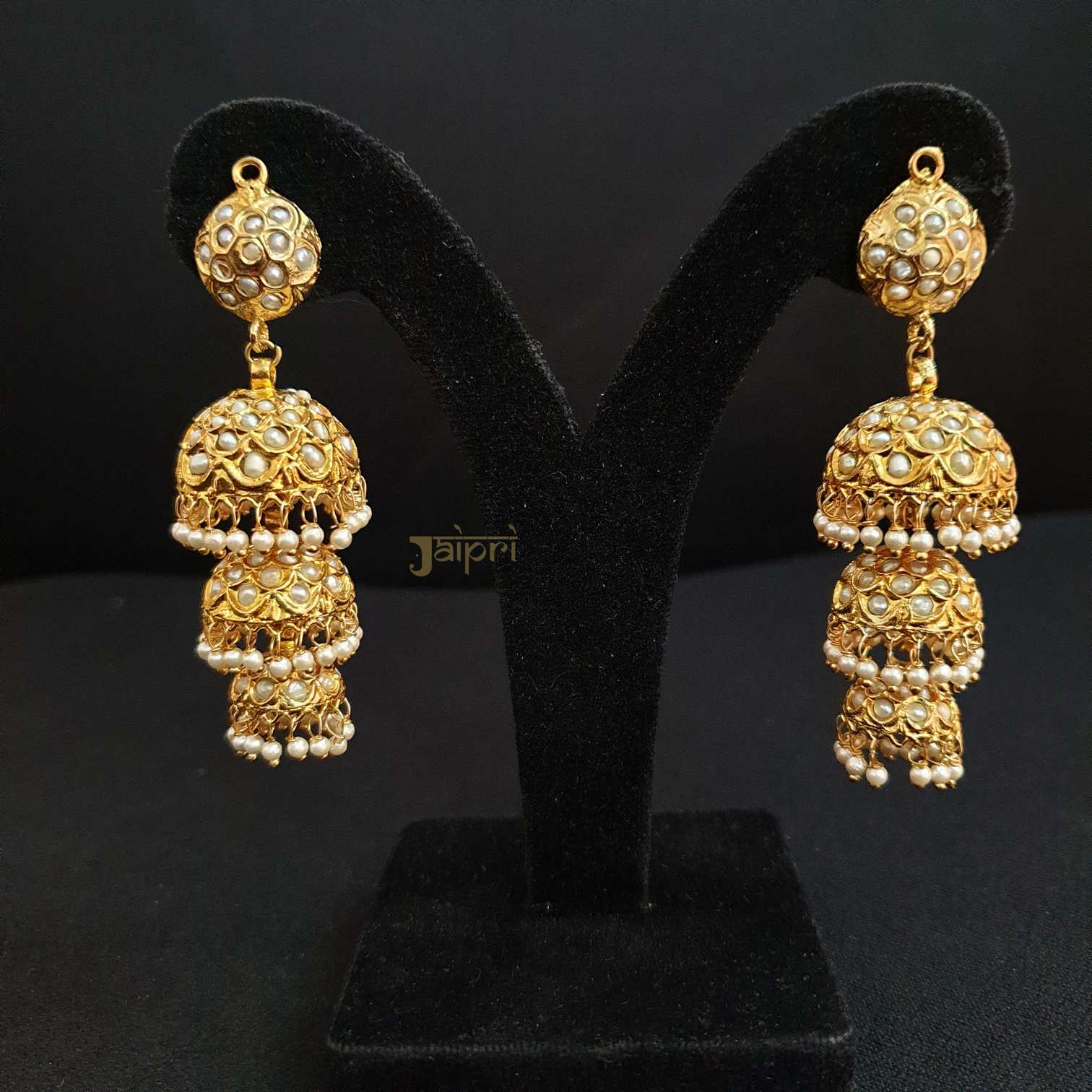 Pearl Stone Gold Three Layers Jhumki Earrings