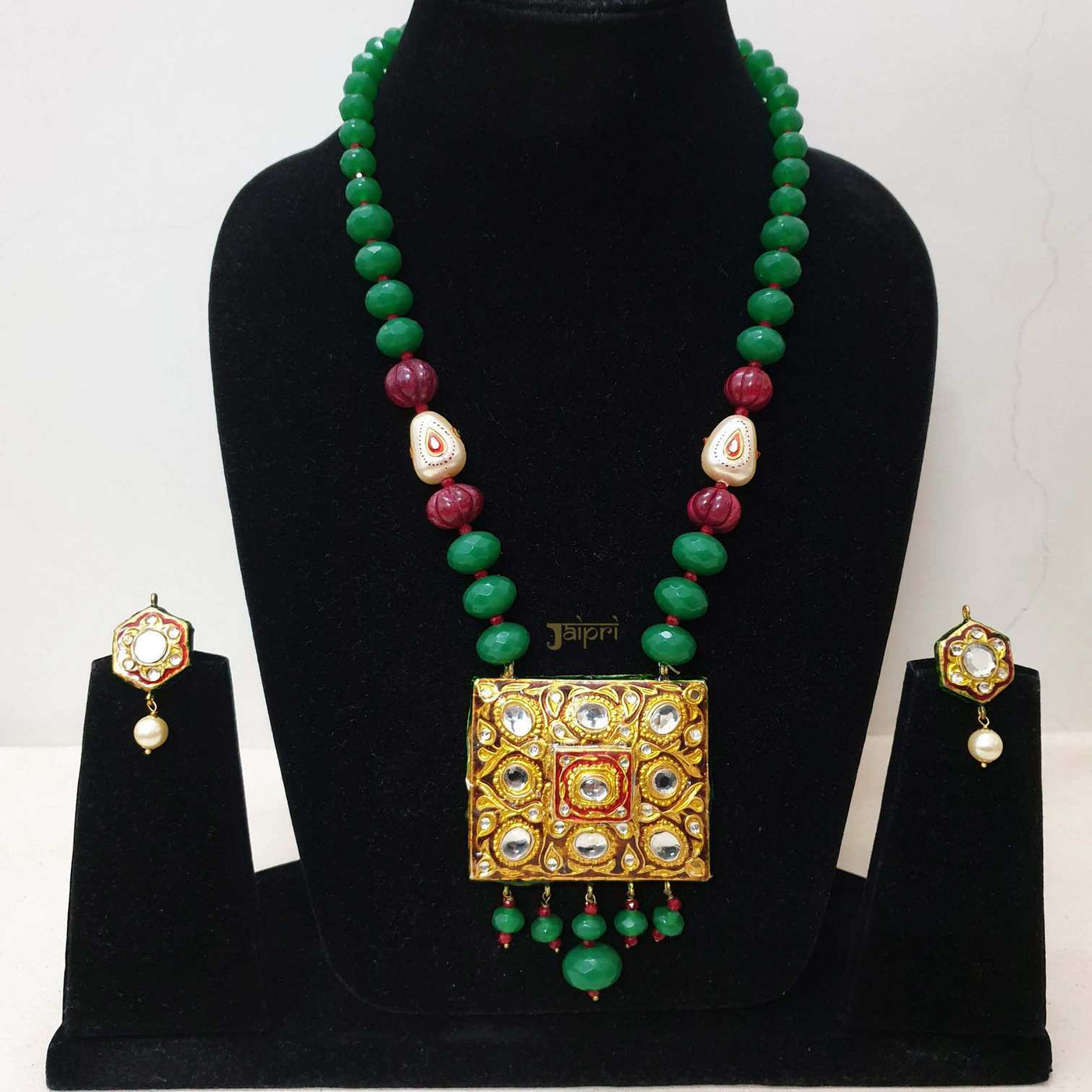 Green Beads Stone Meenakari Gold Design Pendant With Earrings