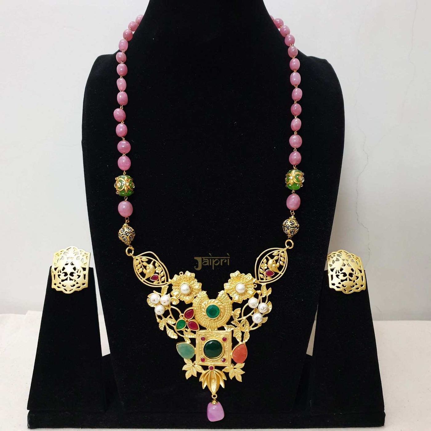 Rose Quartz Stone Gold Fusion Pendant With Earrings