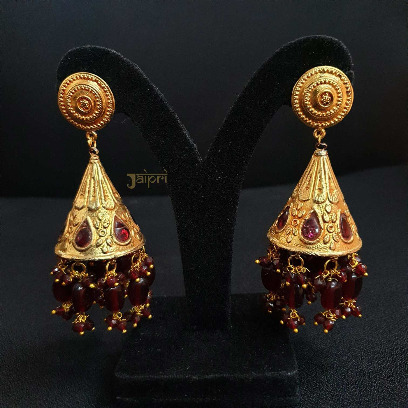 Floral Design & Ruby Stone Gold Jhumki Earrings