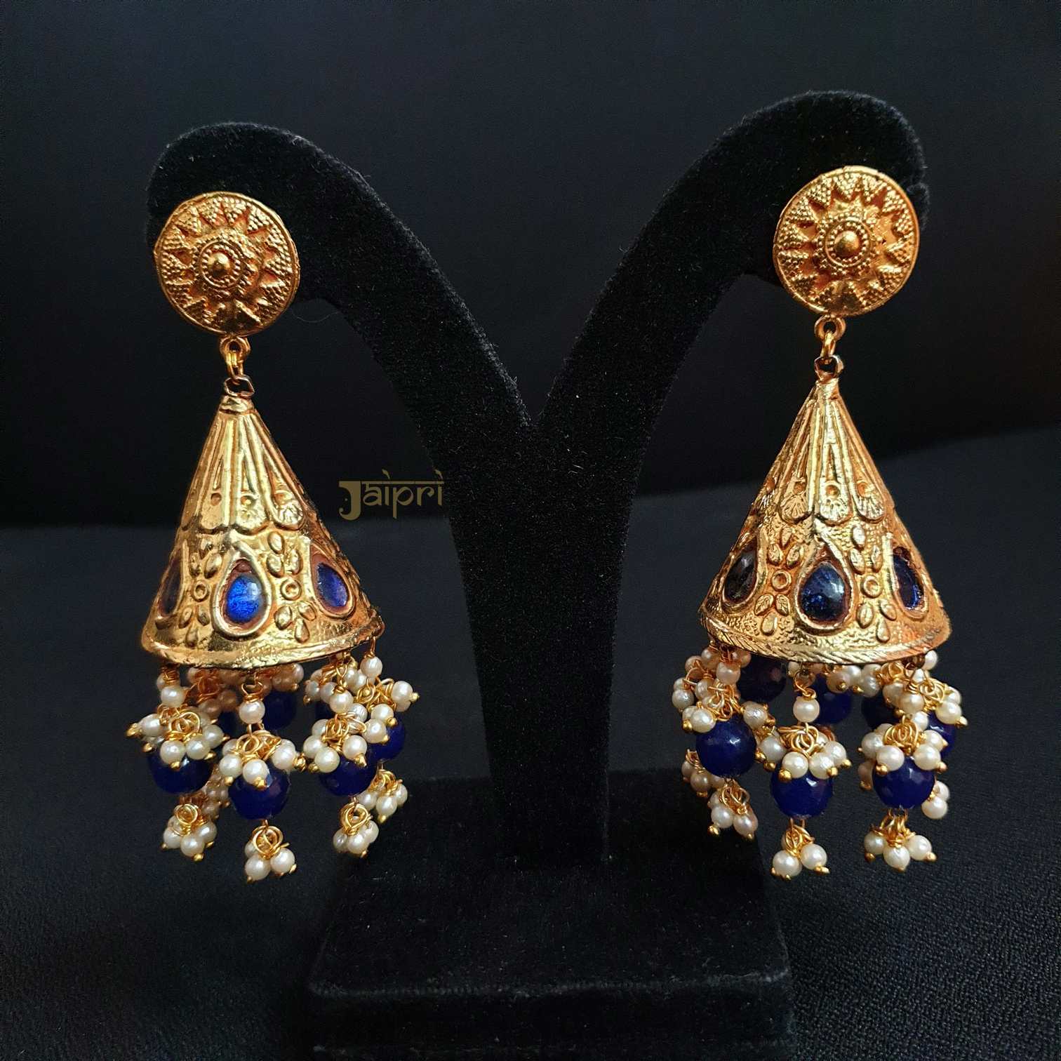 Pearl & Blue Stone Triangle Jhumki Design Earrings