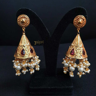 Pearl & Ruby Stone Triangle Jhumki Design Earrings