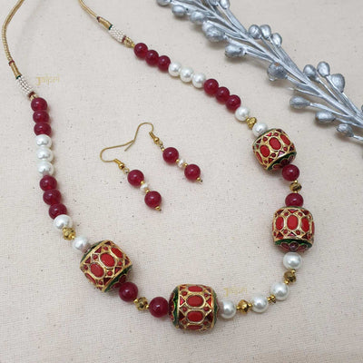 Red & White Stone Beads Necklace With Earrings