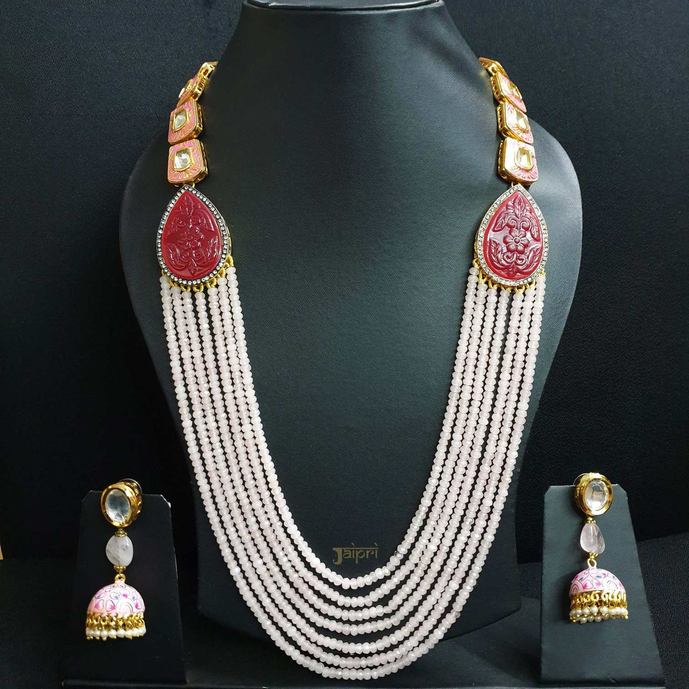 Red Meenakari & Kundan Pearl Beads Stone Necklace With Earrings