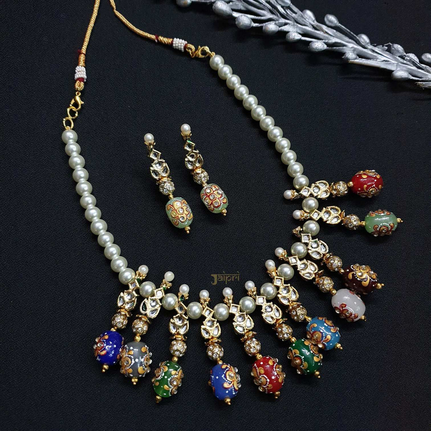 Adorable Kundan & Multicolor Beads Stone Necklace With Earrings