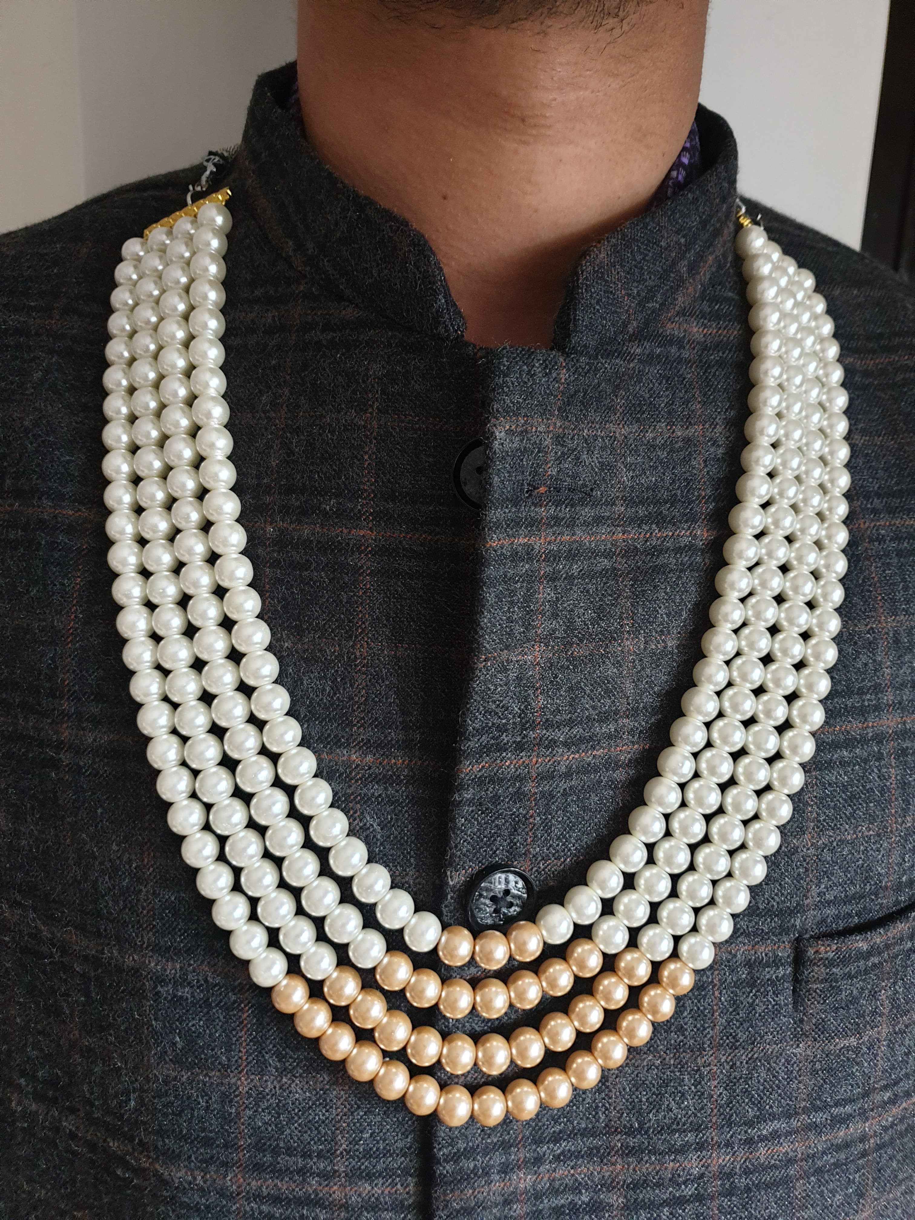 Four Layered Pearl And Gold Beads Groom Necklace