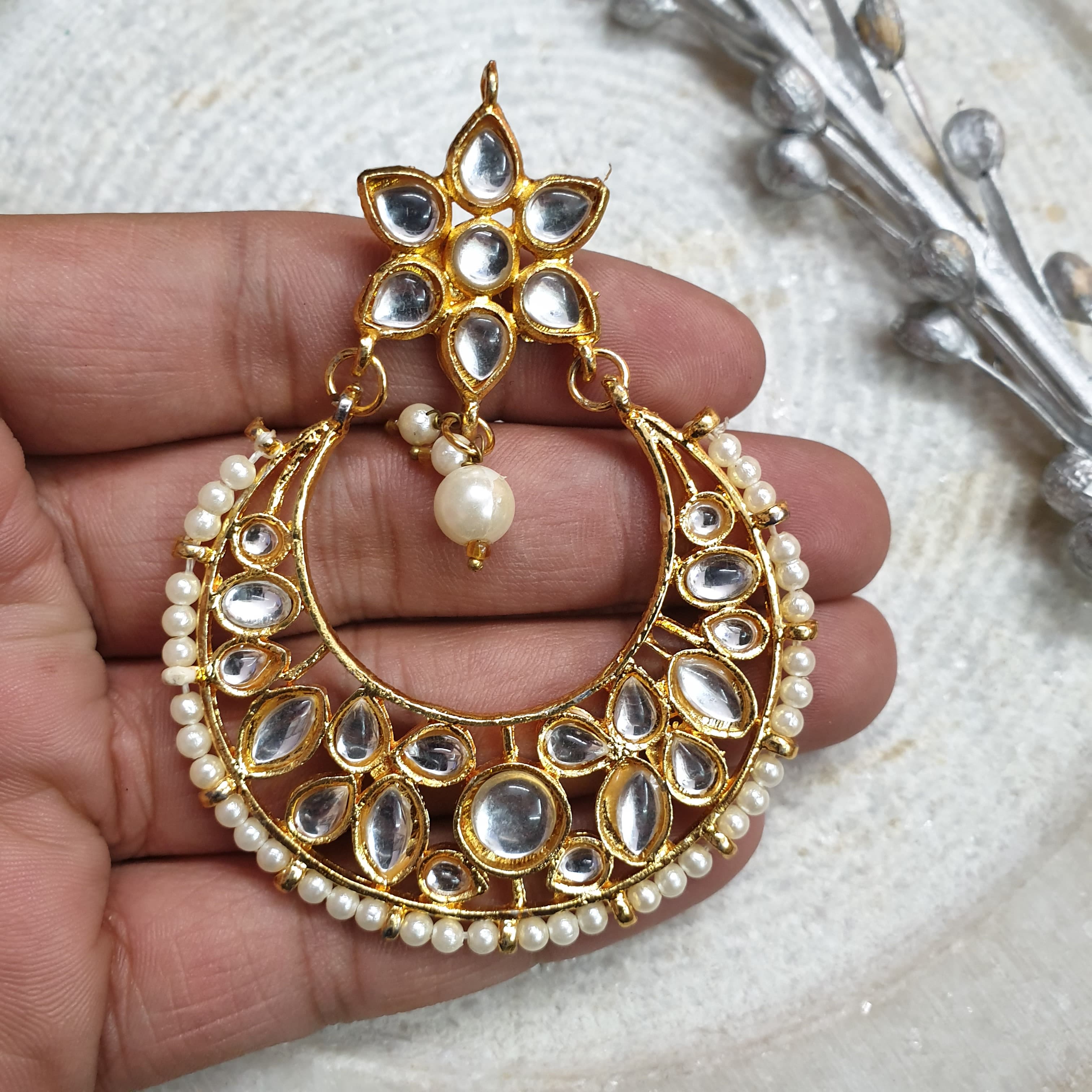 Gold Tone Kundan Stone Chandbali Earrings