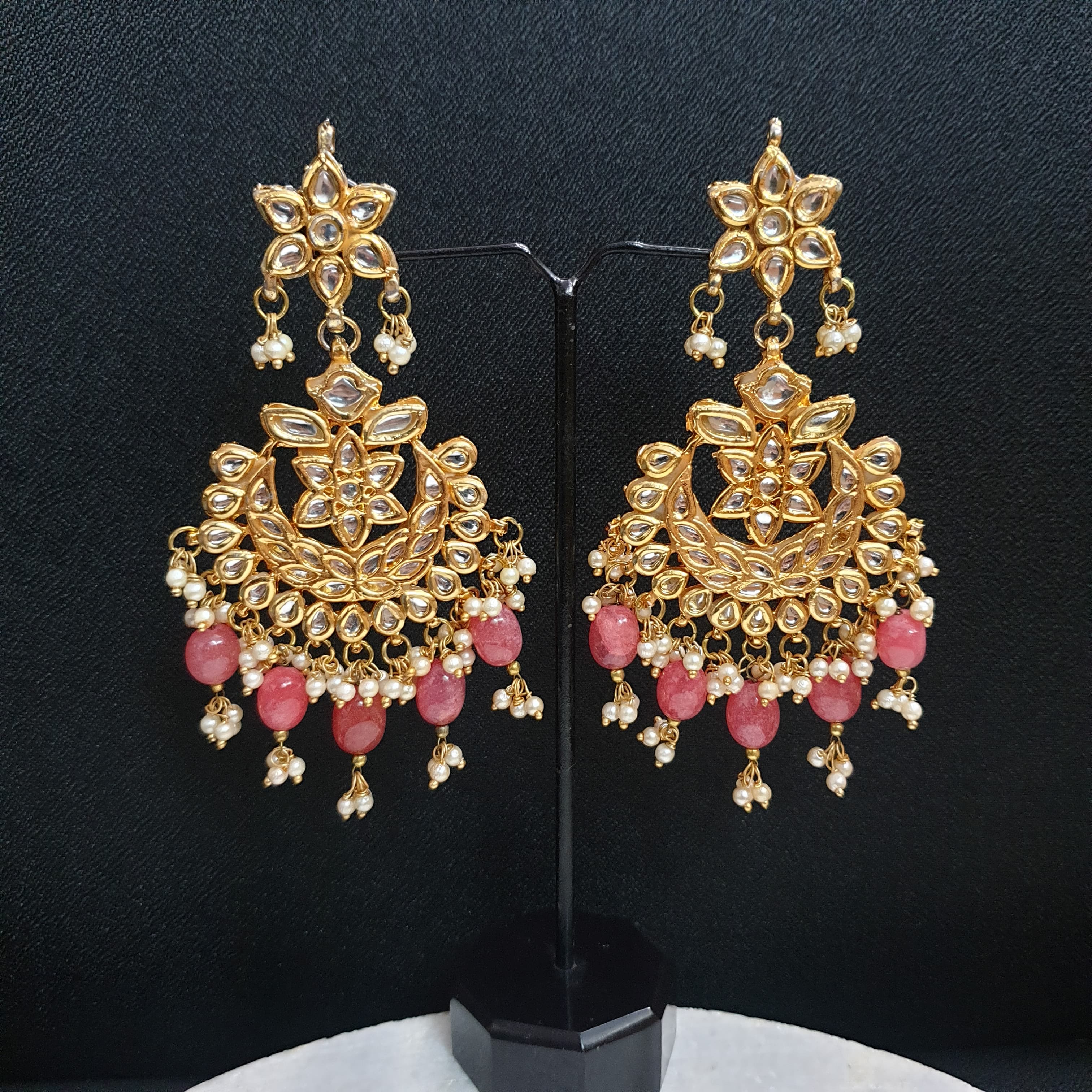 Pink Beading Kundan Chandbali Earrings