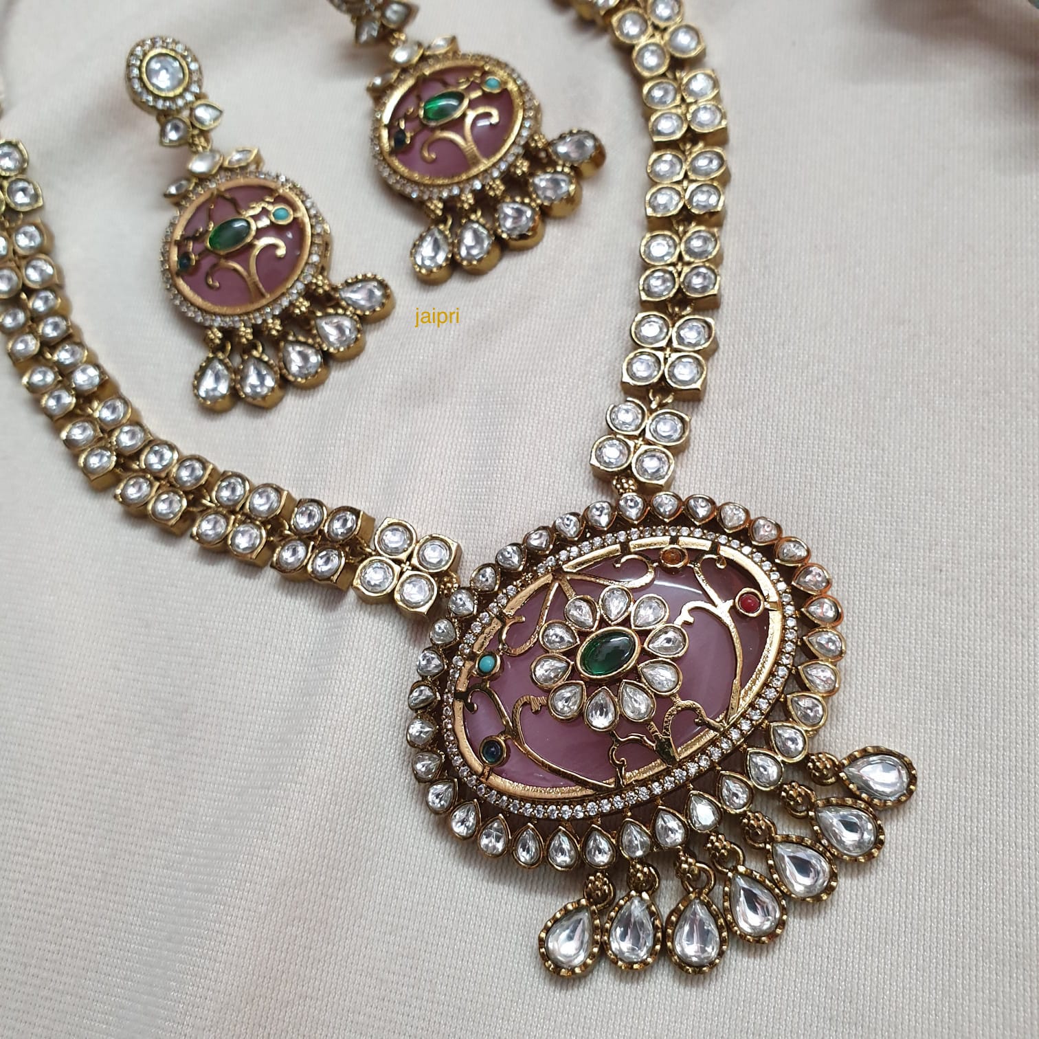 Pink Stone Moissanite Kundan Pendant Necklace