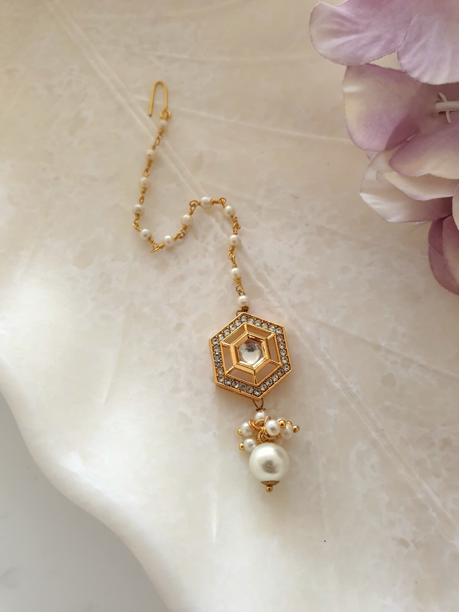 Gold Designer Kundan Polki Pearl Beaded Maang Tikka