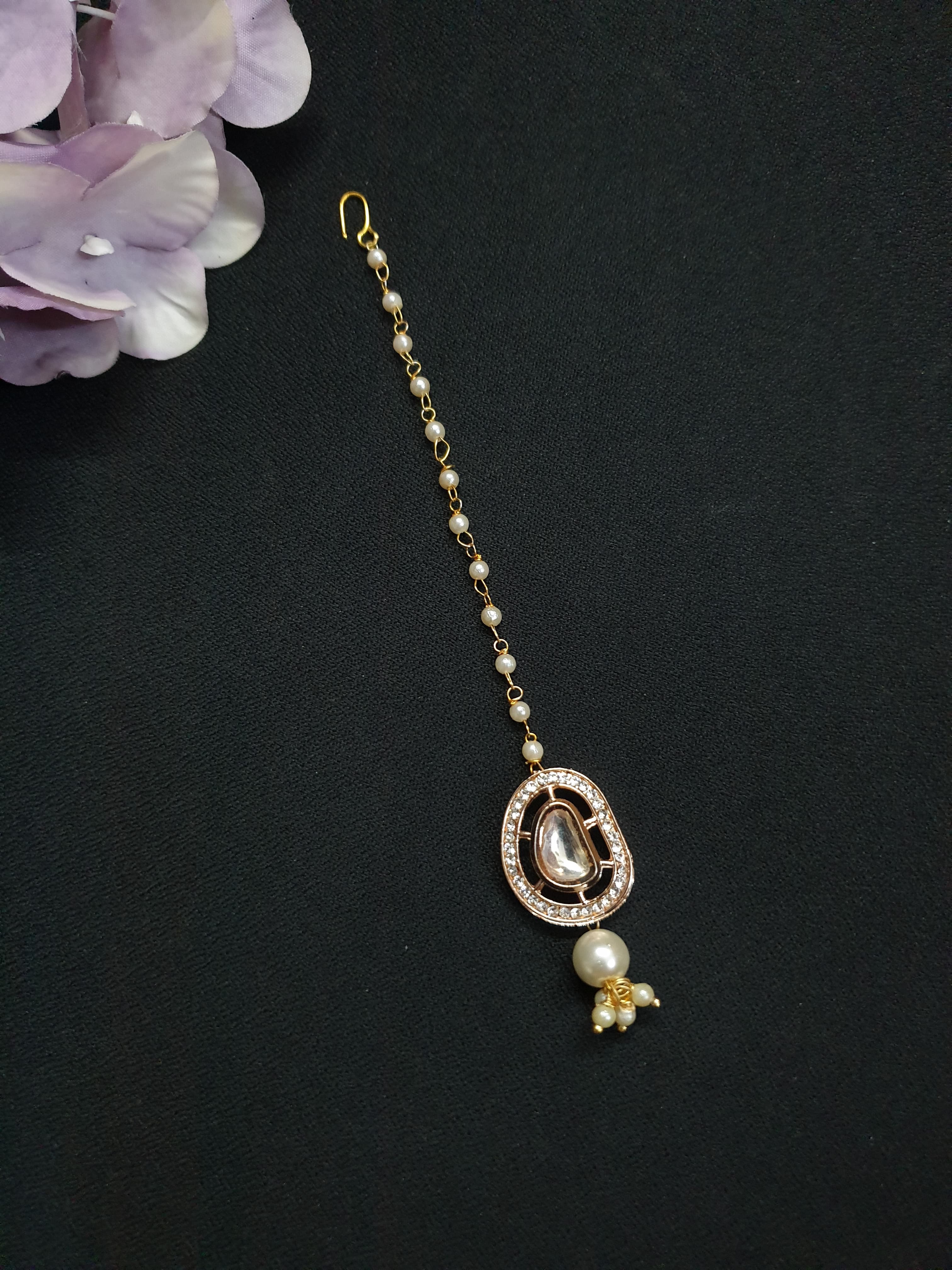 Rose Gold Premium Kundan Polki Pearl Beaded Maang Tikka