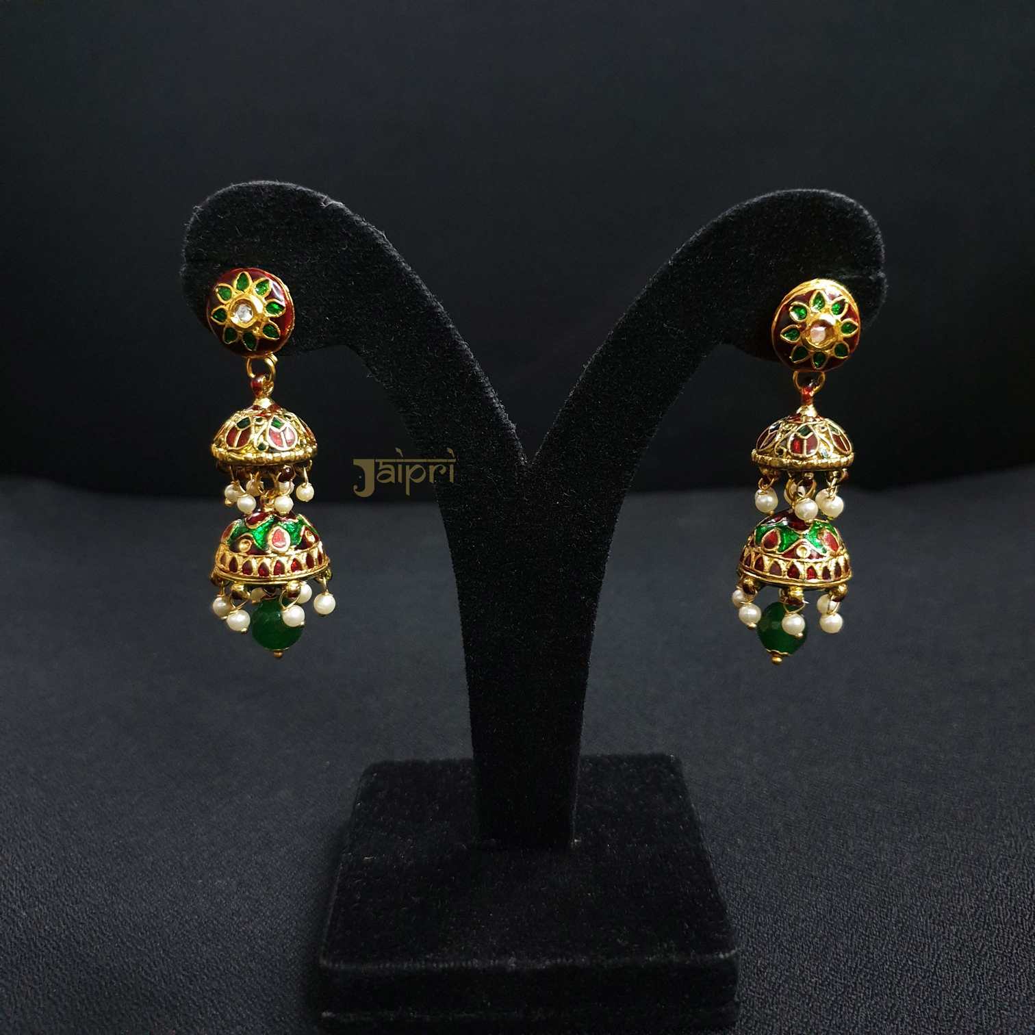 Green & Red Stone Meenakari Stud Earrings