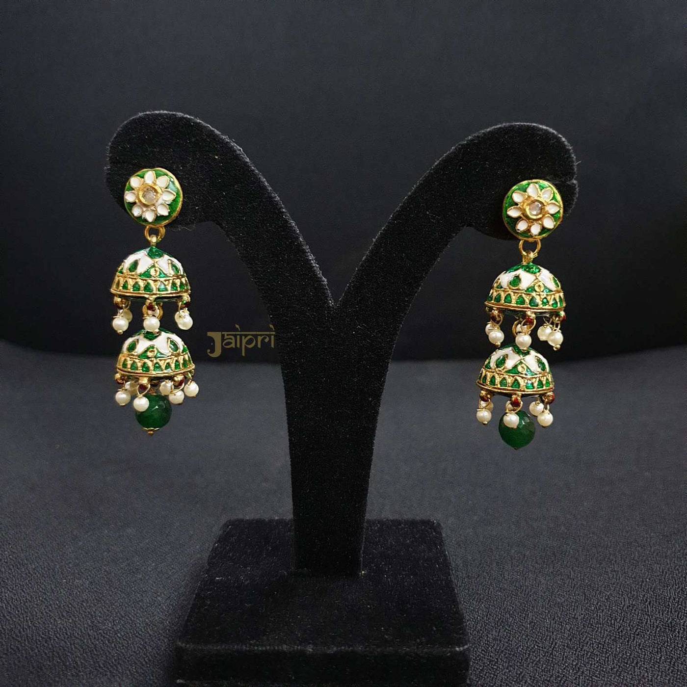 Green Beads Stone Meenakari Stud Earrings