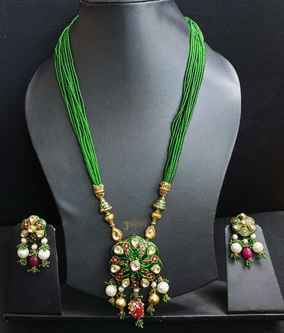 Floral Green Beads Stone Meenakari Pendant With Earrings