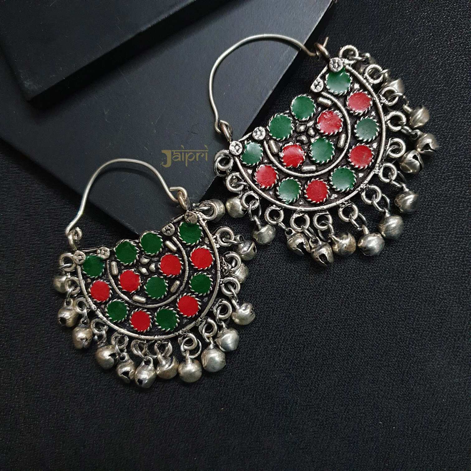 Green & Red Oxidized Chandbali Hoops Earrings
