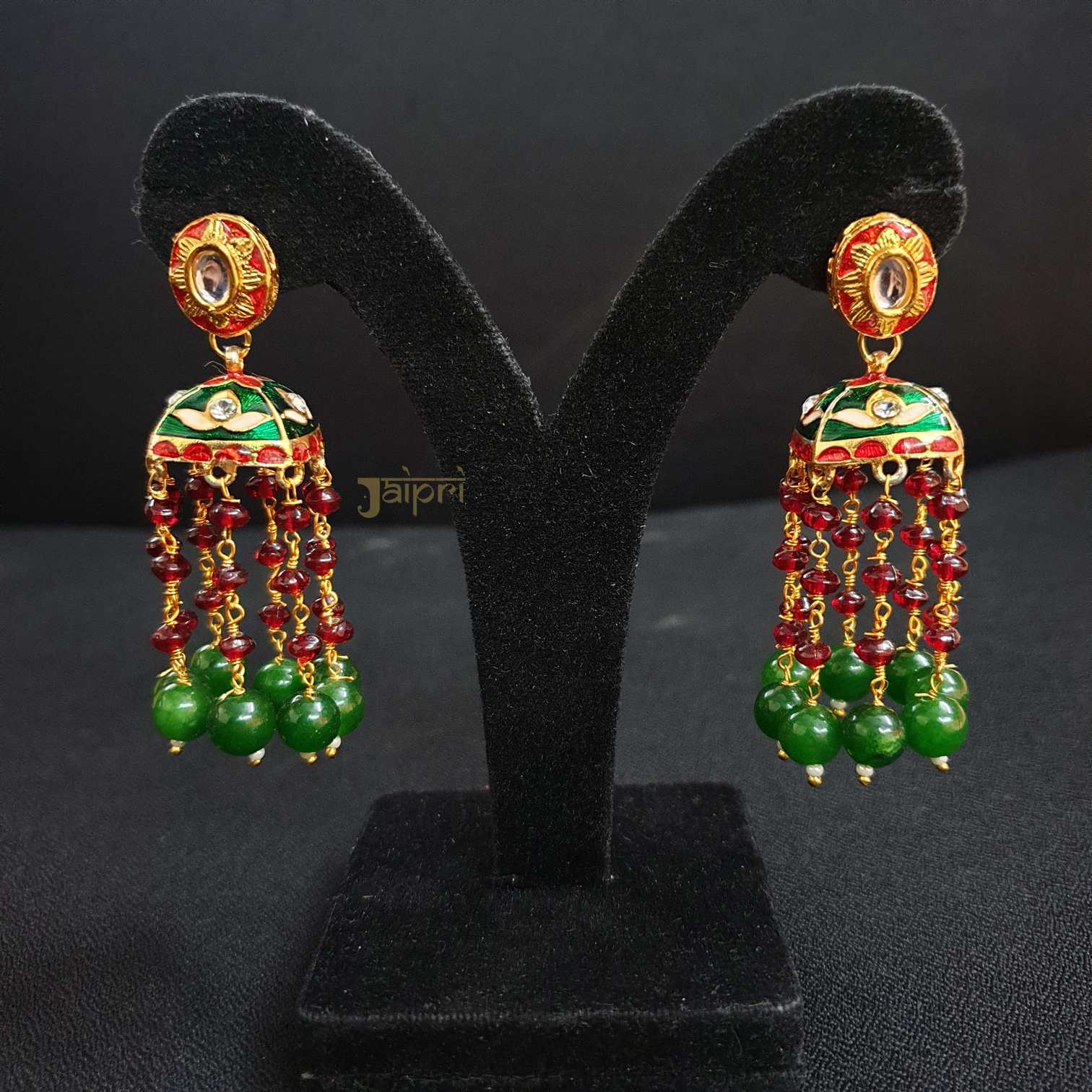 Green Stone Meenakari Jhumki Earrings