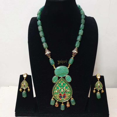 Green Beads Stone & Meenakari Fusion Pendant With Earrings