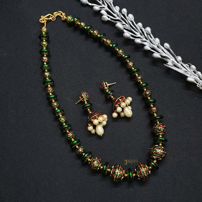 Green Meenakari Beads Necklace With Earrings