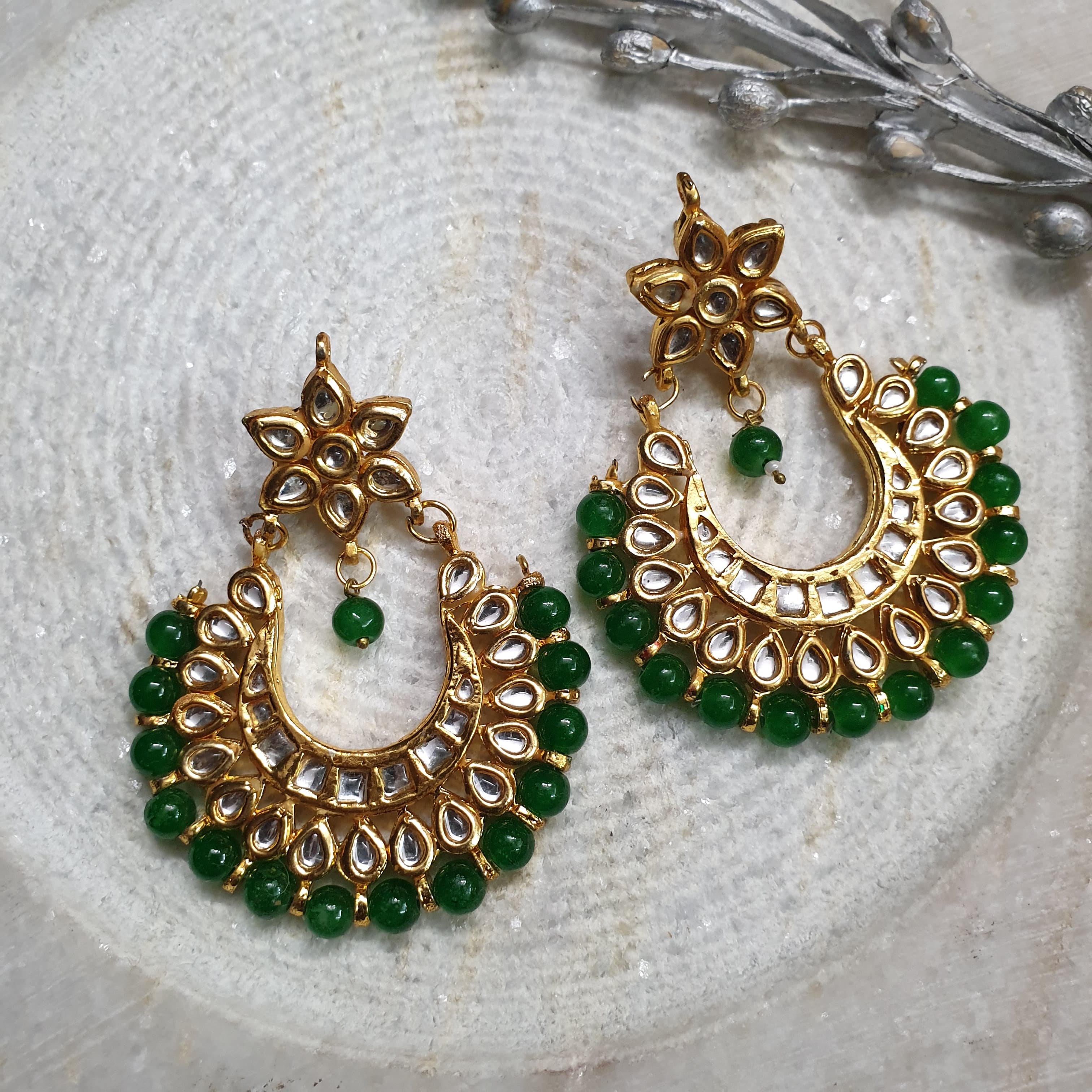 Green Beaded Kundan Chandbali Earrings