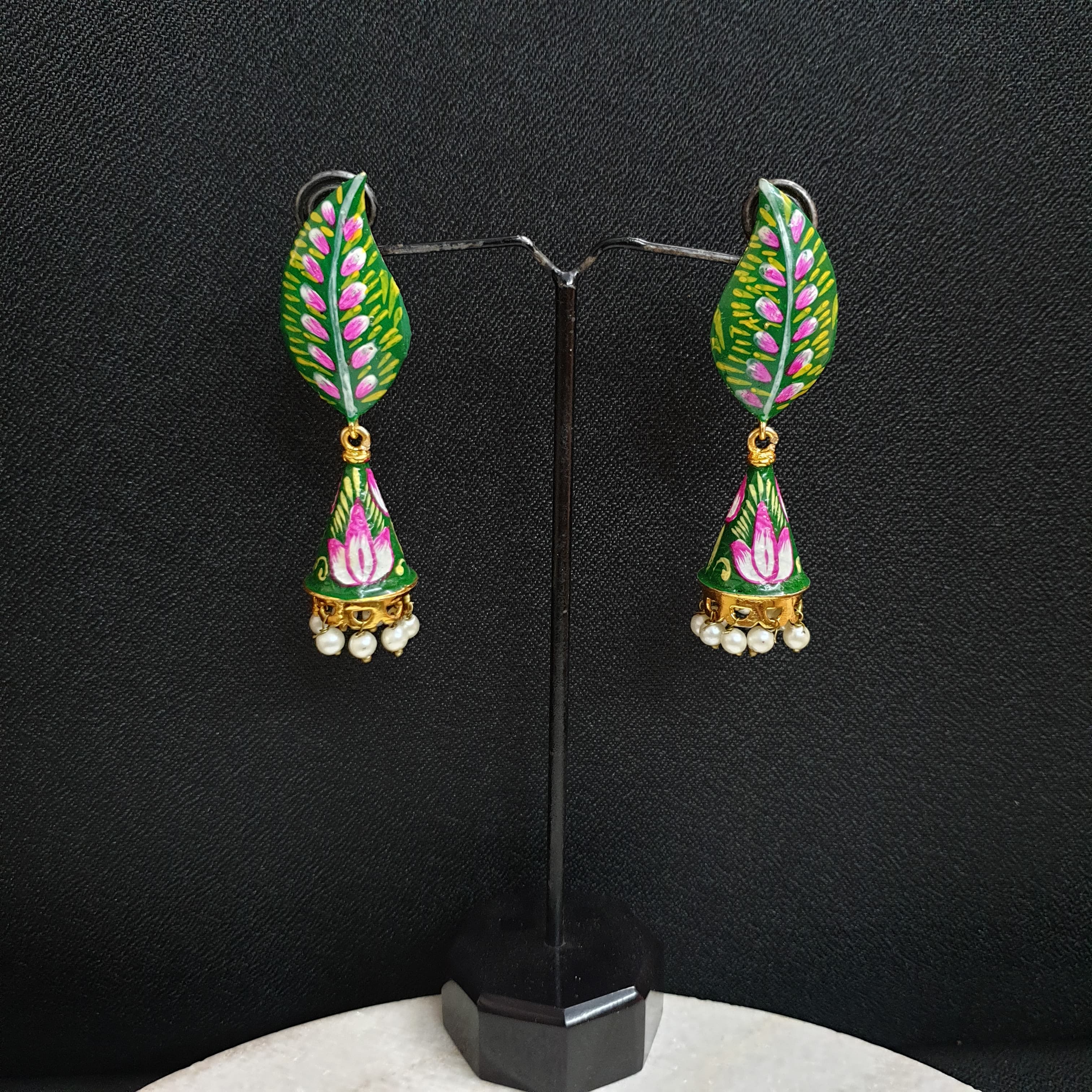 Green Handpainted Jhumki Earrings