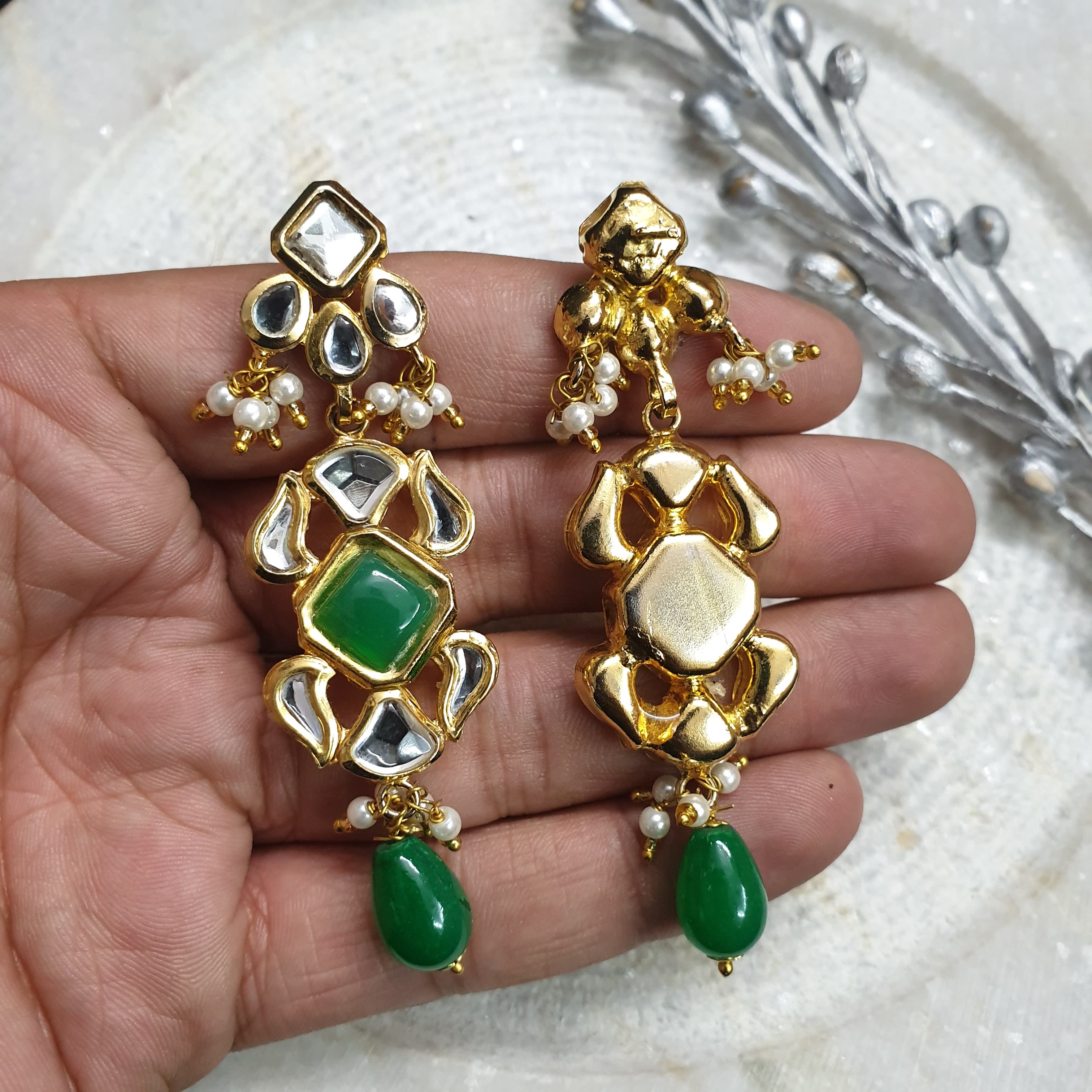 22k Gold Plated Emerald Green Stone Kundan Earrings