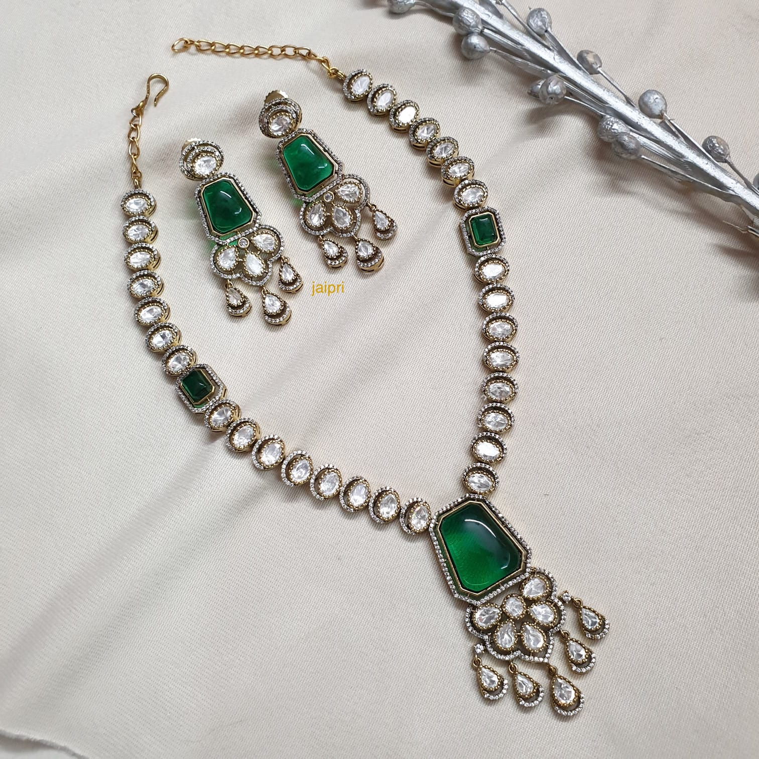Green Moissanite Kundan Premium Necklace With Earrings