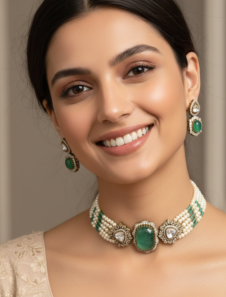Emerald Stone Kundan Choker Necklace