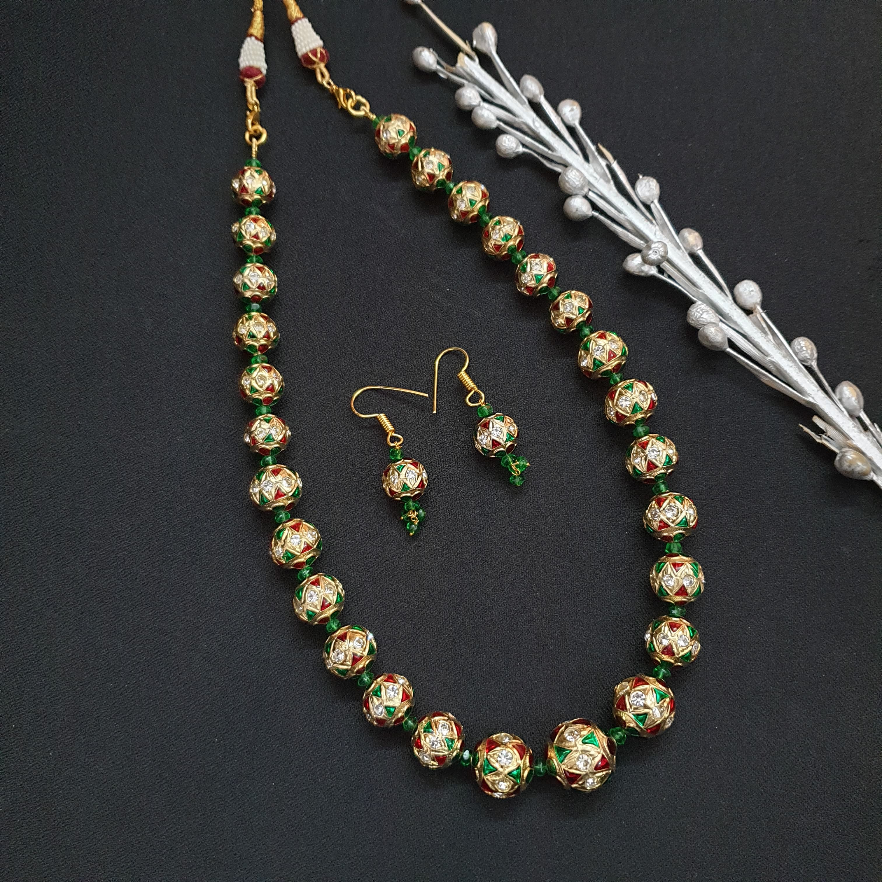 Red Green Meenakari Beaded Necklace With Earrings